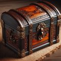 An elegant and sturdy-looking small chest, made of hickory, reinforced with engraved bronze.